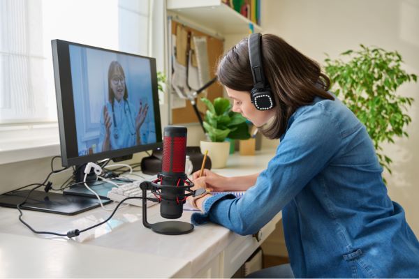 Coaches; imagen de una mujer haciendo notas mientras escucha a su coach mencionar aspectos importantes para un crecimiento profesional y personal.